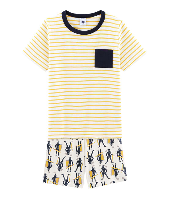 Boys' cropped ribbed pyjamas MARSHMALLOW white/MULTICO white