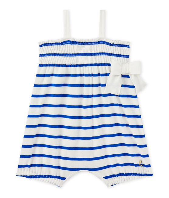 Baby girl's romper with straps MARSHMALLOW white/PERSE blue