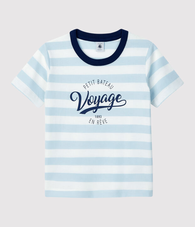 Boys' Short-Sleeved Cotton T-Shirt blue/white