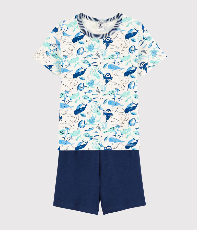 Boys' Sealife Pattern Short Cotton Pyjamas MARSHMALLOW white/MULTICO white