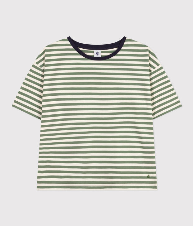 Women's Boxy Stripy Cotton T-Shirt green/ecru