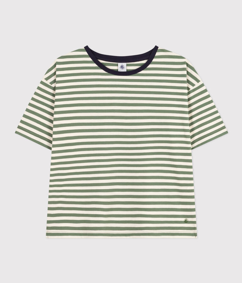 Women's Boxy Stripy Cotton T-Shirt green/ecru