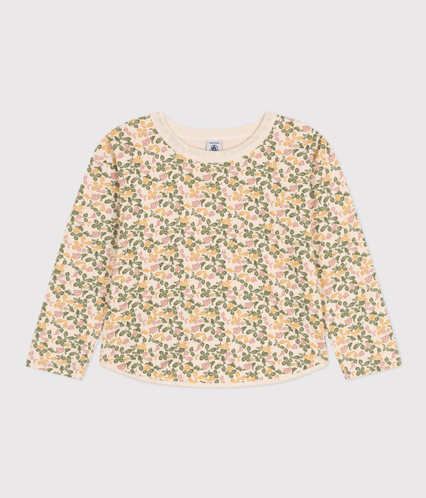 Girls' long-sleeved T-shirt in printed tube knit Ecru/multicolor