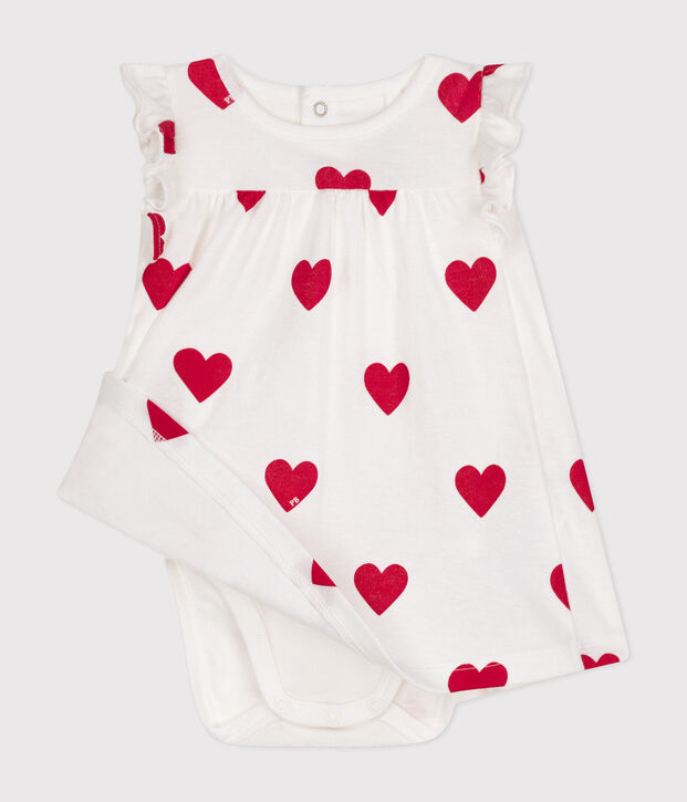 Babies' Organic Cotton Heart Print Dress With Bodysuit white/red