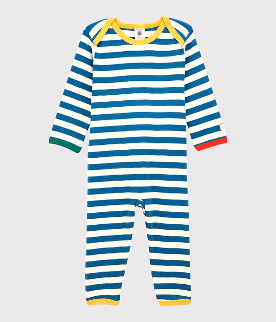 Babies' Blue Striped Footless Buttonless Cotton Sleepsuit MALLARD /MARSHMALLOW