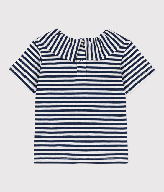 Babies' Striped Short-Sleeved Slub Jersey Blouse MEDIEVAL blue/MARSHMALLOW white