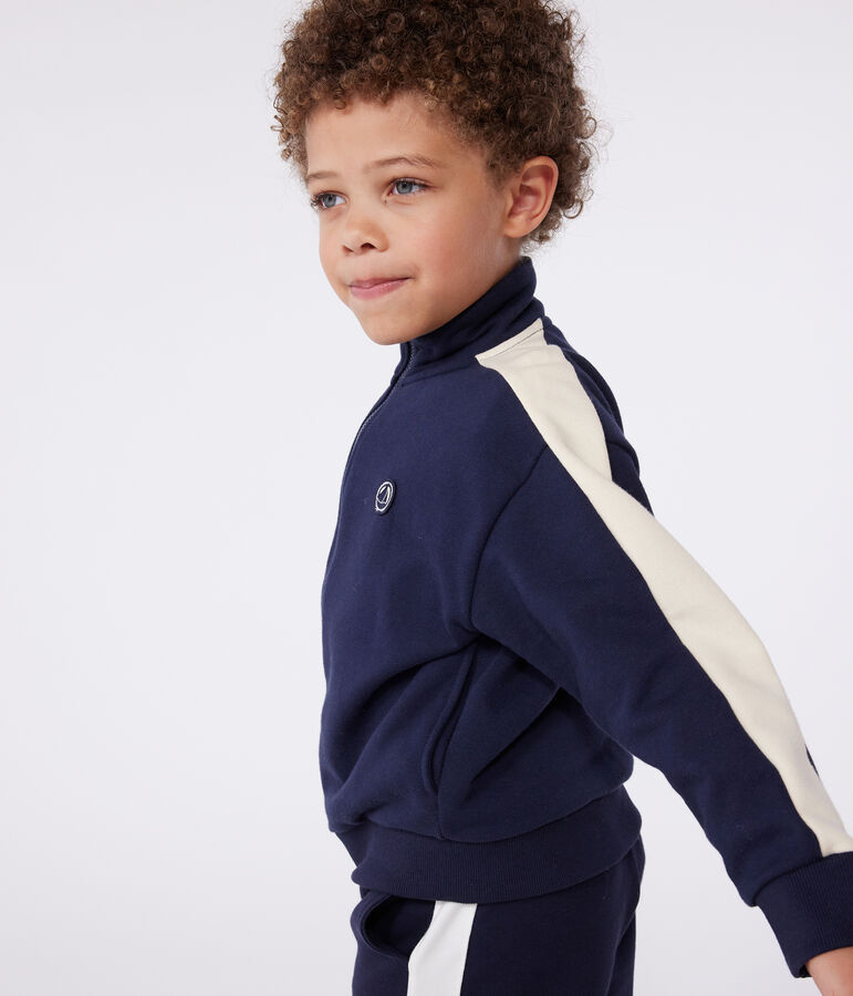 Children's zipped stand-up collar sweatshirt in plain cotton blue