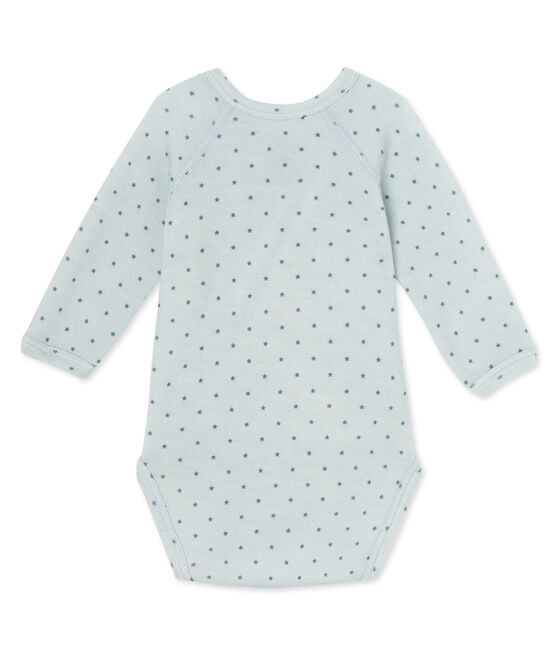 Newborn baby boys' long-sleeved bodysuit in wool and cotton FRAICHEUR blue/TEMPETE grey