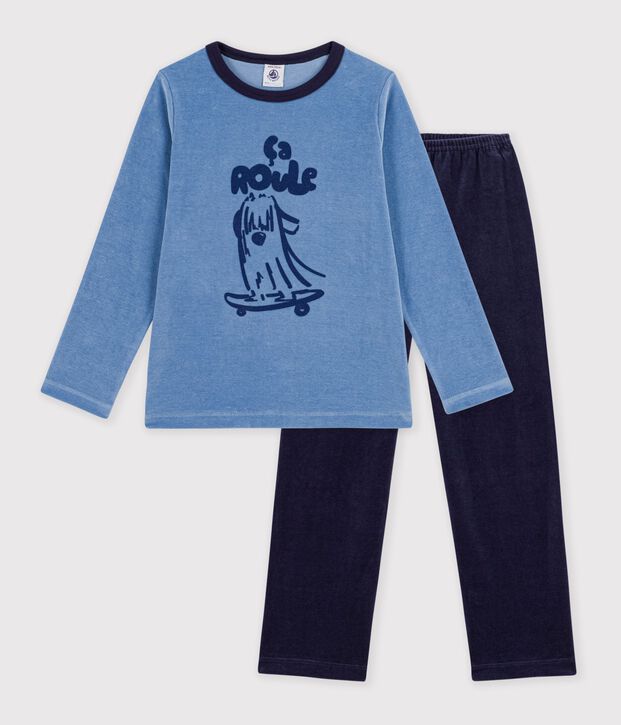 Children's plain velour pyjamas with a fun motif blue/blue