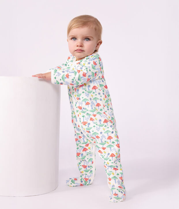 Babies' patterned fleece pyjama suit printed with mushrooms white/multicolor