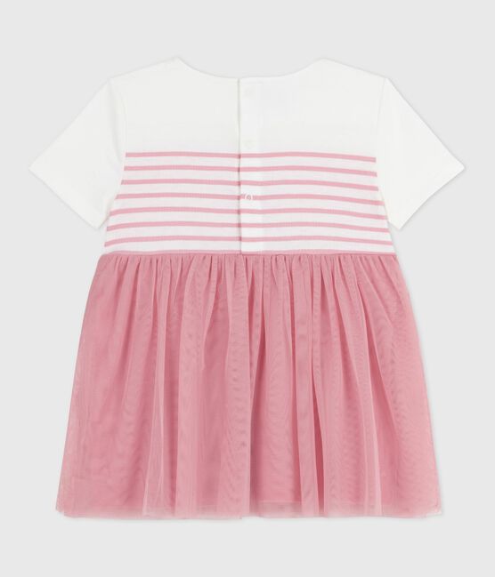 Babies' short-sleeved cotton and tulle dress with a stripy top MARSHMALLOW white/CHARME pink