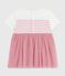 Babies' short-sleeved cotton and tulle dress with a stripy top MARSHMALLOW white/CHARME pink