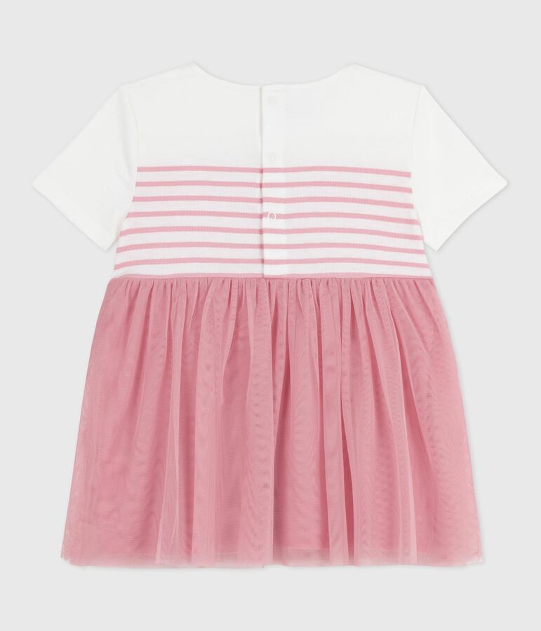 Babies' short-sleeved cotton and tulle dress with a stripy top white/pink