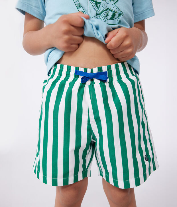 Children's stripy cotton swim shorts green/green