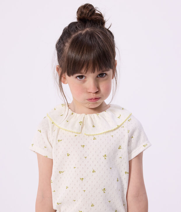 Children's short-sleeved floral print cotton T-shirt white/green