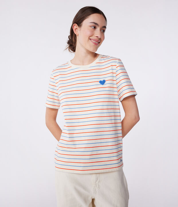 Women's Straight striped cotton T-Shirt Ecru/multicolor