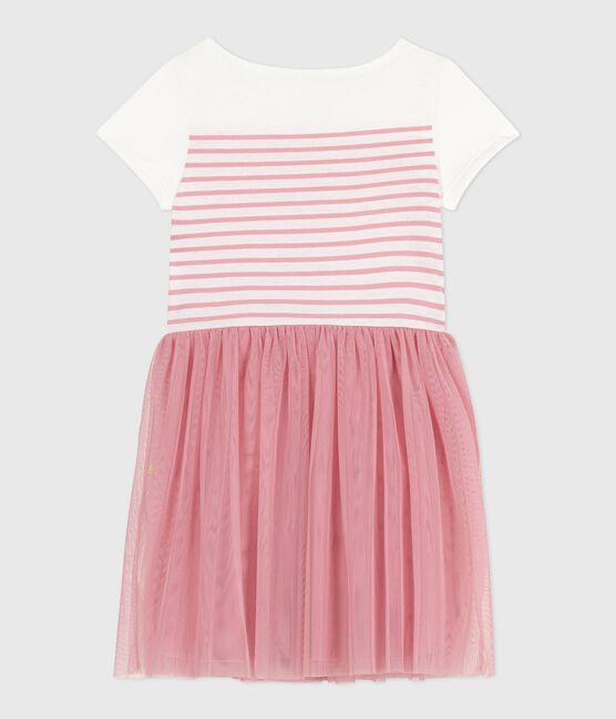 Children's short-sleeved cotton and tulle dress MARSHMALLOW white/CHARME pink