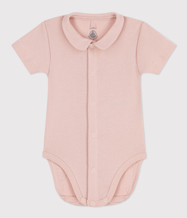 Babies' Short-Sleeved Cotton Bodysuit with Collar pink