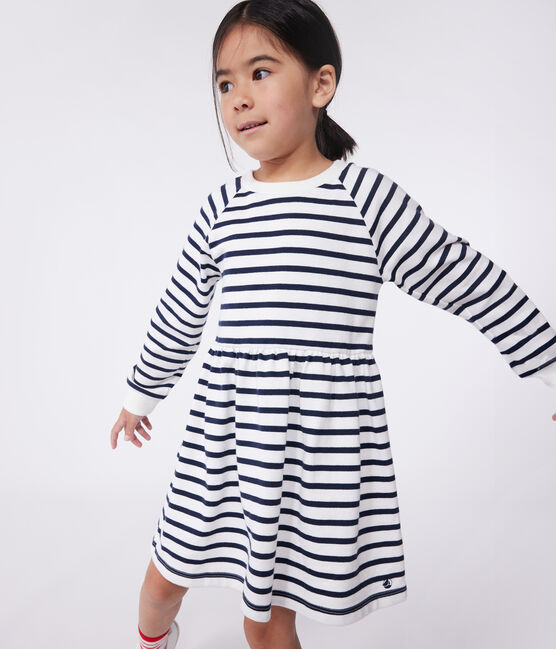 Children's long-sleeved stripy cotton dress MARSHMALLOW white/SMOKING blue
