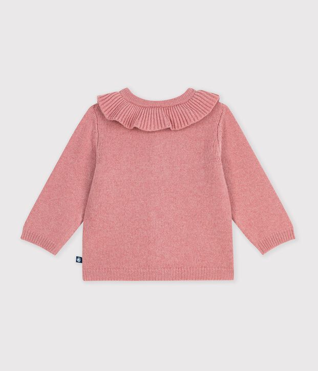 Babies' plain wool and cotton knit cardigan with a collar pink