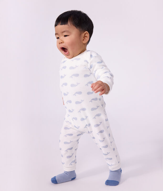 Babies' whale-print velour popper-free pyjamas white/blue
