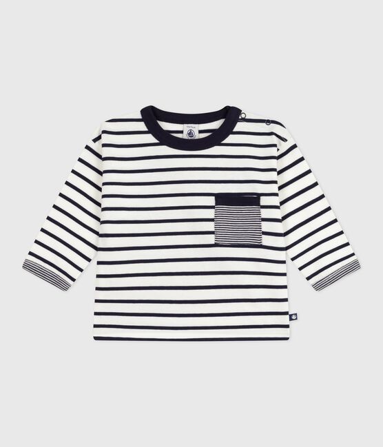 Babies' long-sleeved stripy cotton T-Shirt MARSHMALLOW white/SMOKING blue