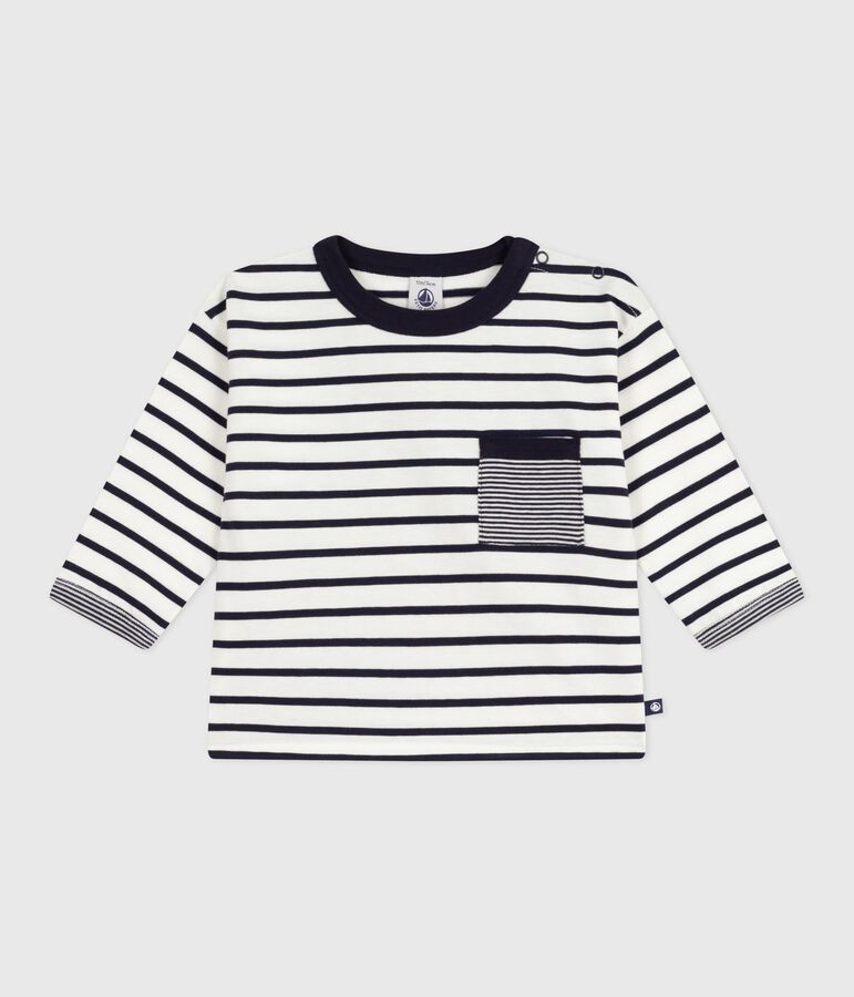 Babies' long-sleeved stripy cotton T-Shirt white/blue