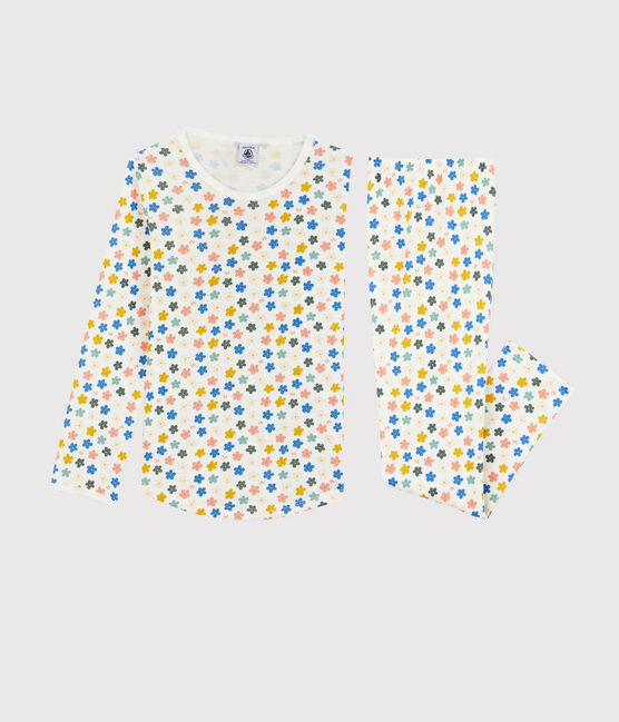 Girls' Glow-In-The-Dark Floral Floral Cotton Pyjamas MARSHMALLOW white/MULTICO white
