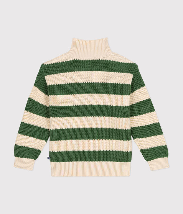 Boy's cotton shawl-neck jumper green/ecru
