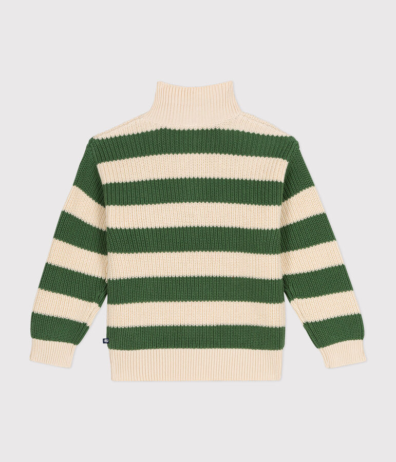 Boy's cotton shawl-neck jumper green/ecru