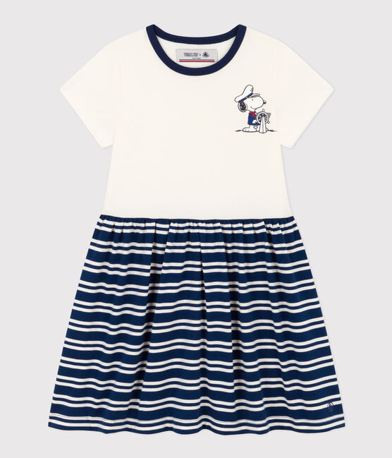 Girls' Short-Sleeved Cotton Dress MEDIEVAL blue/MARSHMALLOW white