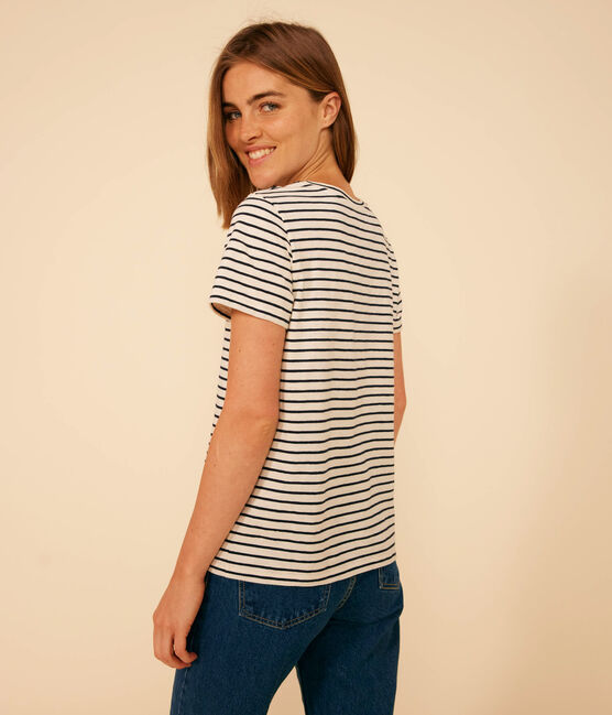 Women's Straight Round-Neck Cotton T-Shirt AVALANCHE white/SMOKING blue
