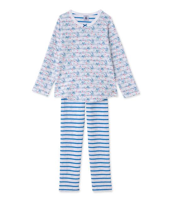 Girls' pyjamas in reversible tube knit ECUME white/BLEU blue/MULTICO