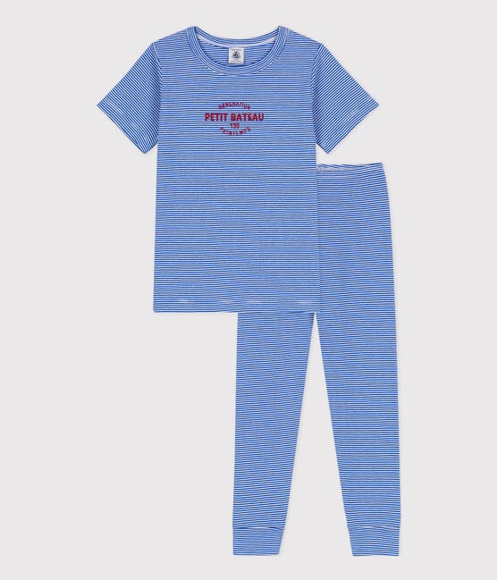 Children's Unisex Stripy Short-Sleeved Cotton Pyjamas PERSE blue/MARSHMALLOW white