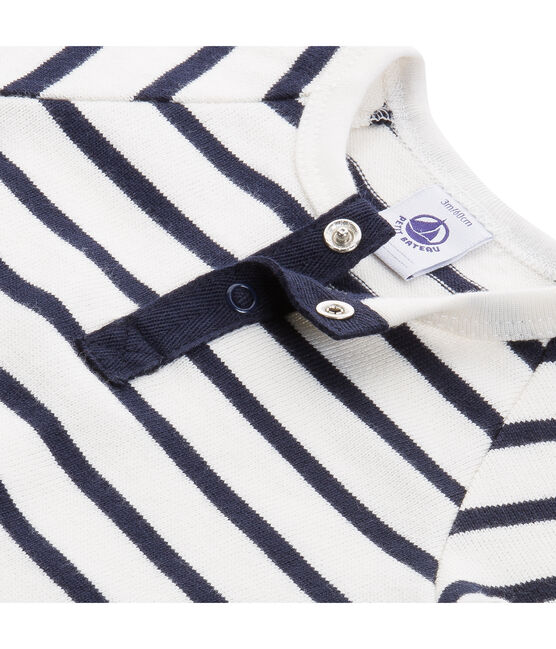 Baby boy coverall in striped heavy jersey COQUILLE beige/ABYSSE blue