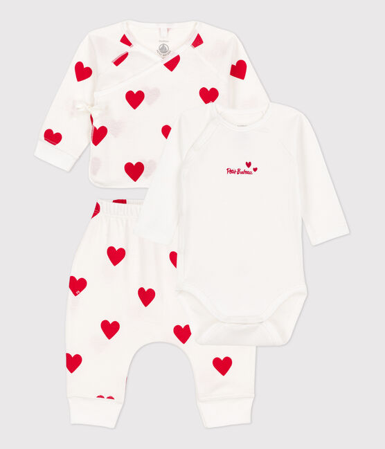 Babies' Cotton Heart Themed Clothing - 3-Piece Set MARSHMALLOW white/TERKUIT red
