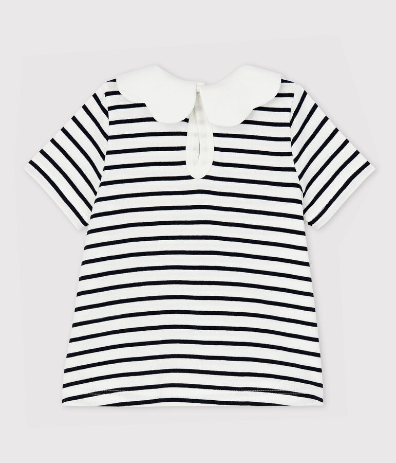 Baby Girls' Short-Sleeved Cotton Blouse MARSHMALLOW white/SMOKING blue