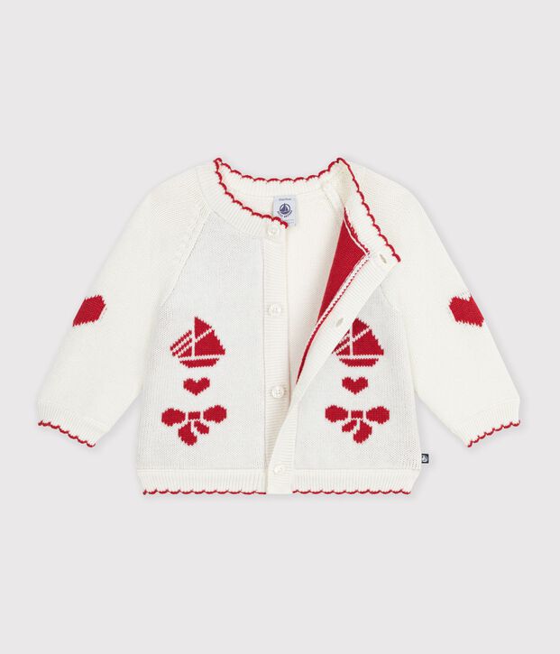 Babies' jaquard-patterned cardigan knitted in wool and cotton white/red