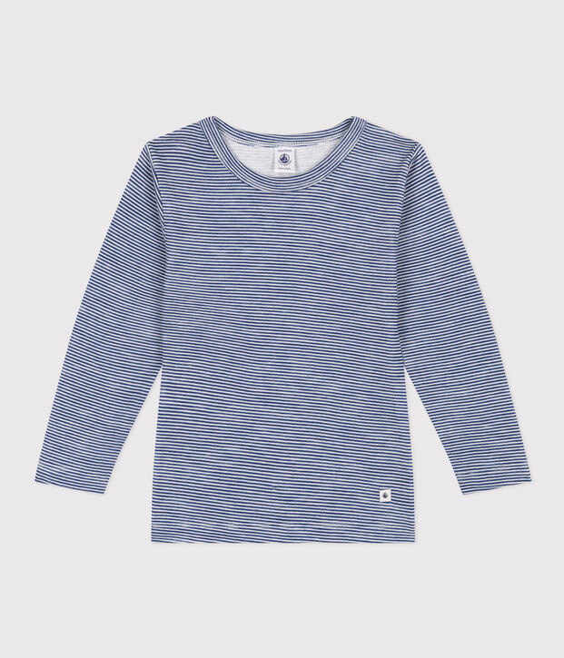 Children's long-sleeved wool and cotton striped T-shirt blue/white
