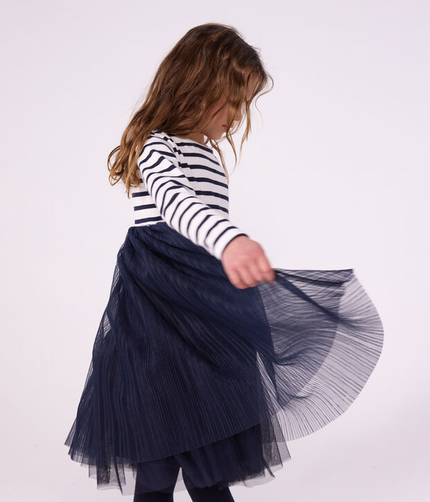 Children's long-sleeved stripy cotton and tulle dress white/blue