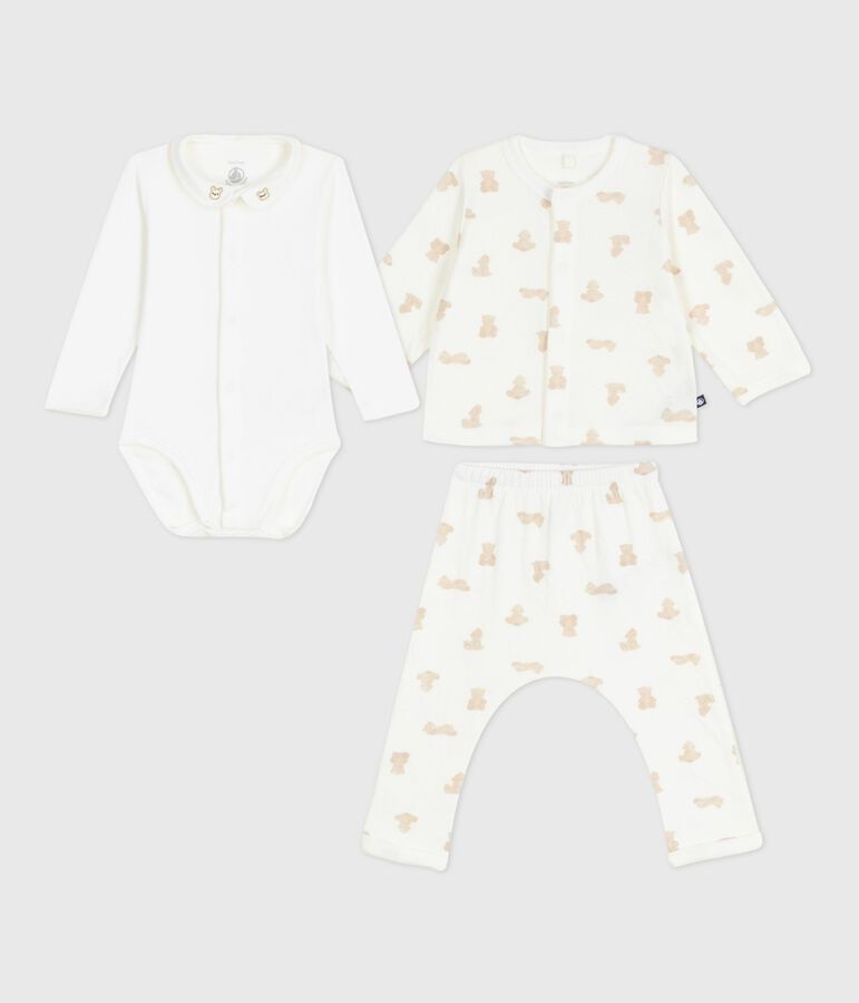 Babies' teddy bear print cotton 3-piece gift set white/BRUN