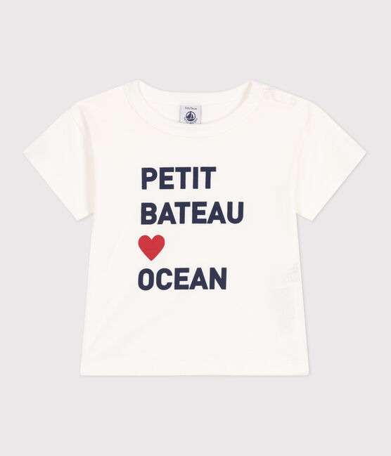 Babies' short-sleeved plain cotton T-shirt MARSHMALLOW white