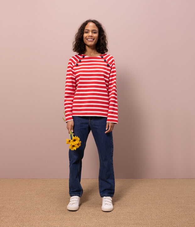 Women's Buttoned Cotton Breton Top red/white