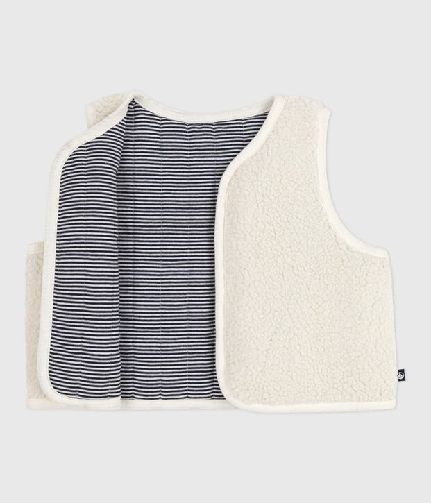 Babies' sleeveless cardigan in pinstriped cotton and sherpa Ecru/multicolor