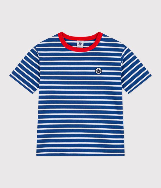 Children's short-sleeved stripy cotton T-shirt CREPUSCULE blue/MARSHMALLOW