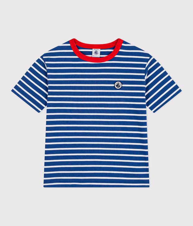 Children's short-sleeved stripy cotton T-shirt blue/white