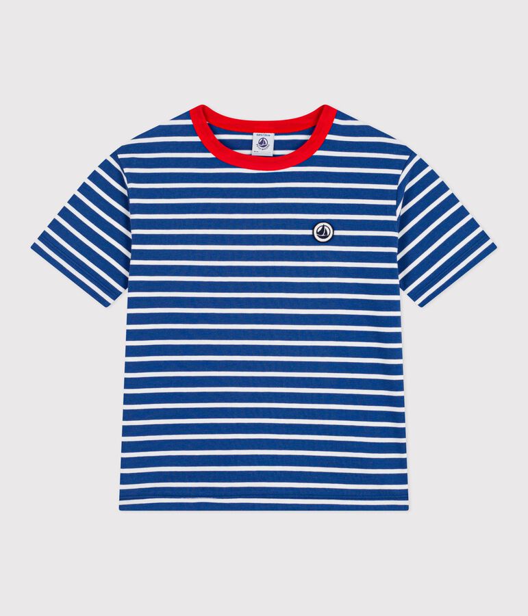 Children's short-sleeved stripy cotton T-shirt blue/white
