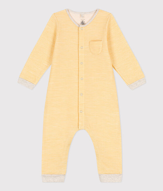 Babies' Stripy Wool and Organic Cotton Jumpsuit OCRE yellow/MARSHMALLOW white