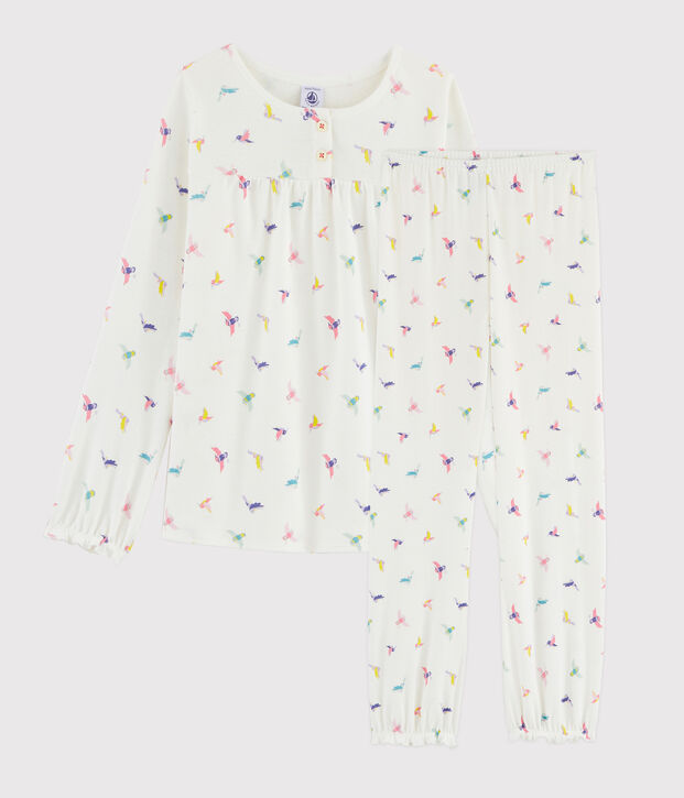 Girls' Birds Print Ribbed Pyjamas white/multicolor