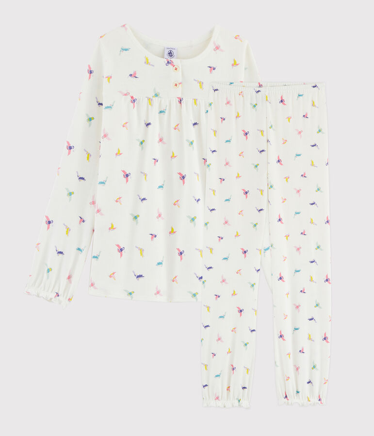 Girls' Birds Print Ribbed Pyjamas white/multicolor